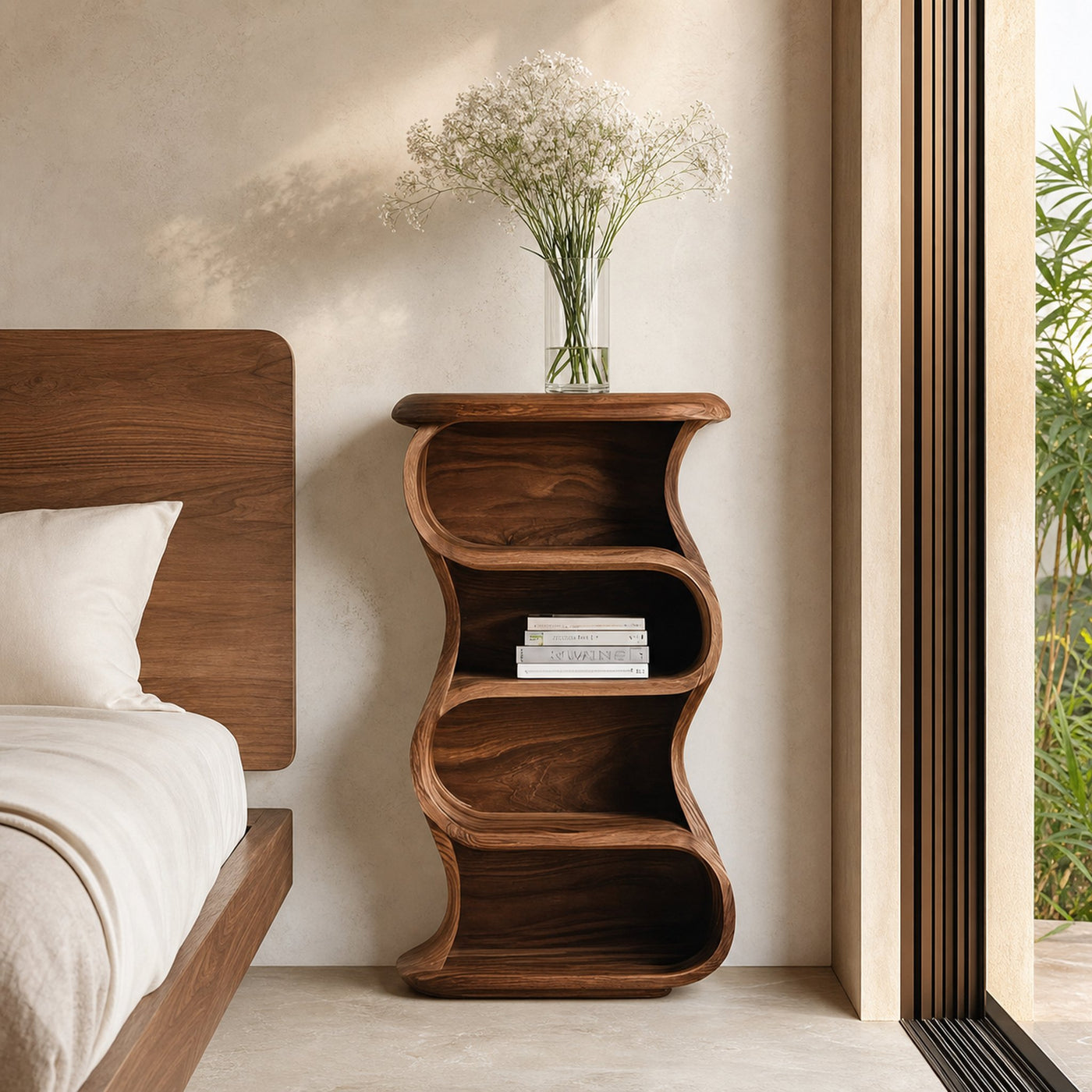 Minimalist Sculptural Nightstand With Open Shelf For Bedroom - product view 7
