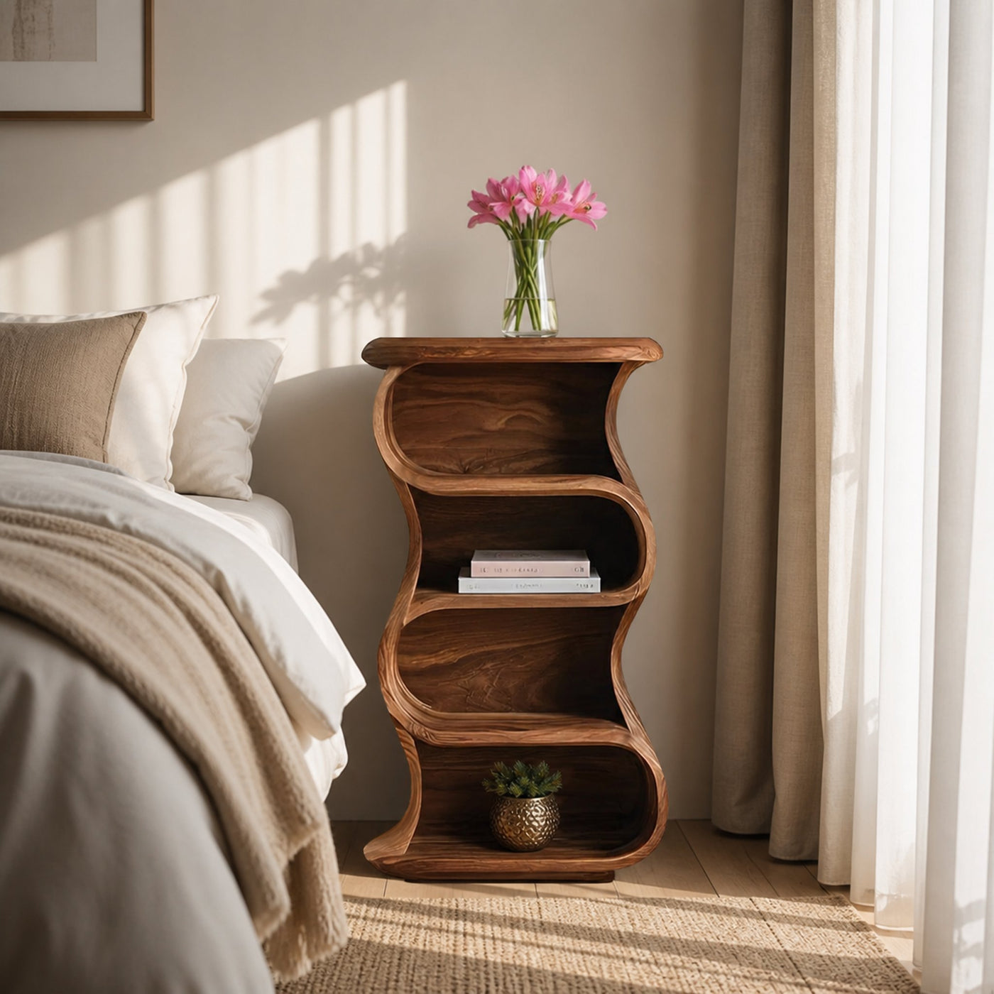Minimalist Sculptural Nightstand With Open Shelf For Bedroom - product view 8