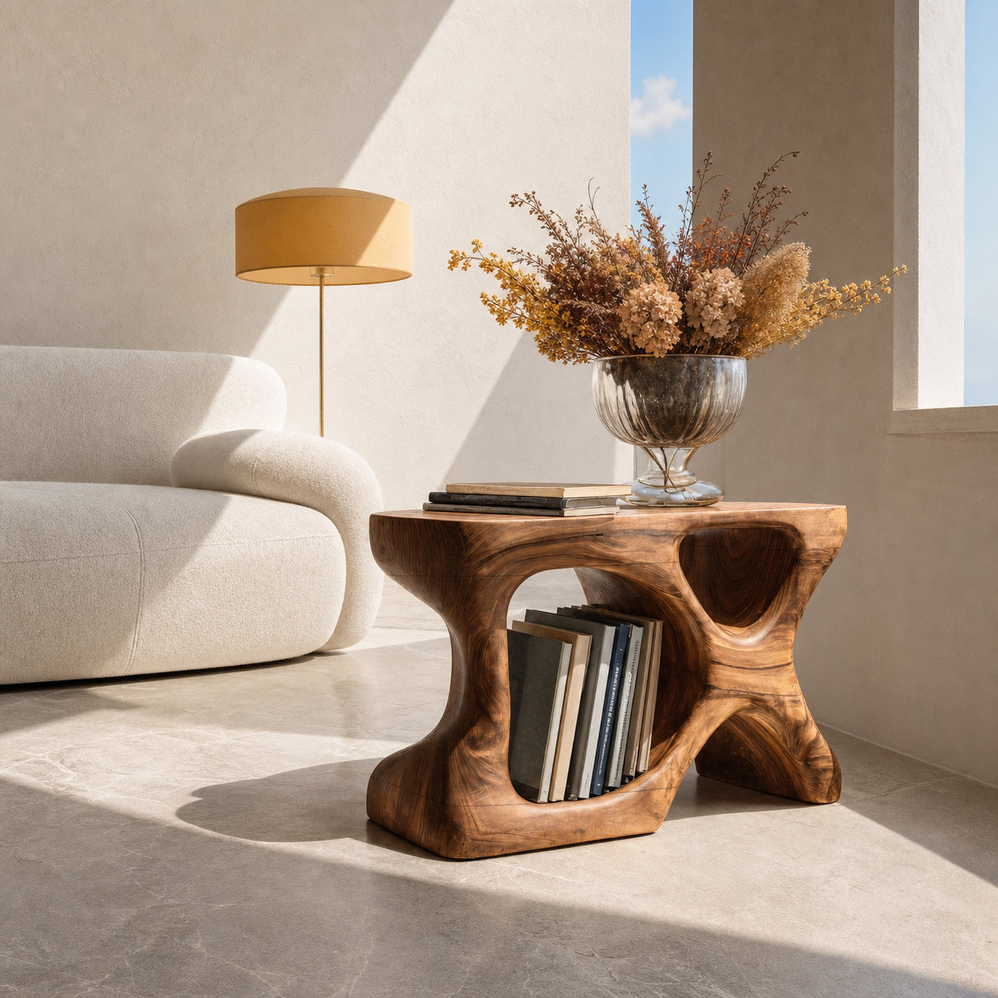 Minimalist Sculptural Wood Side Table With Organic Shape And Storage For Modern Living Room