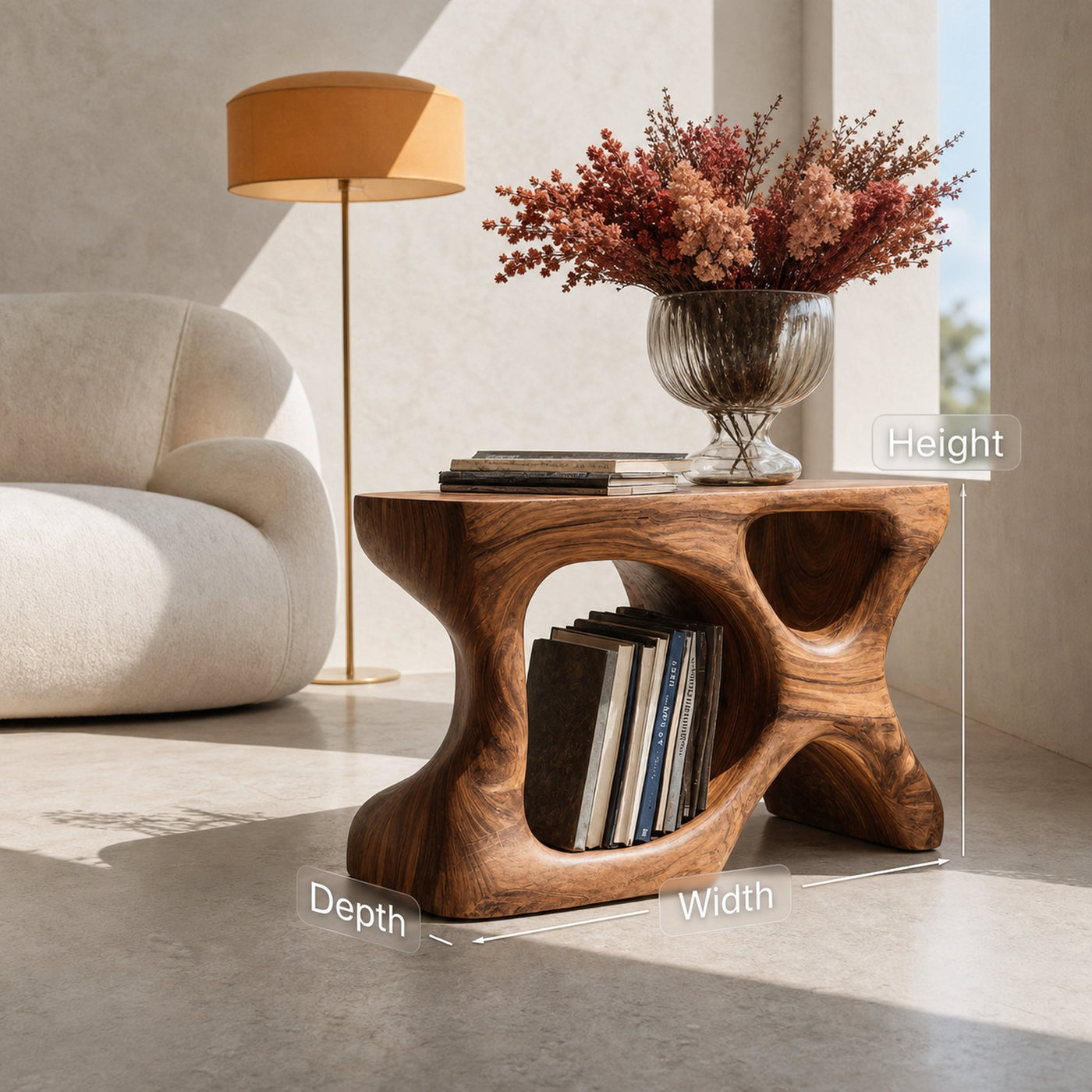 Minimalist Sculptural Wood Side Table With Organic Shape And Storage For Modern Living Room - product view 6