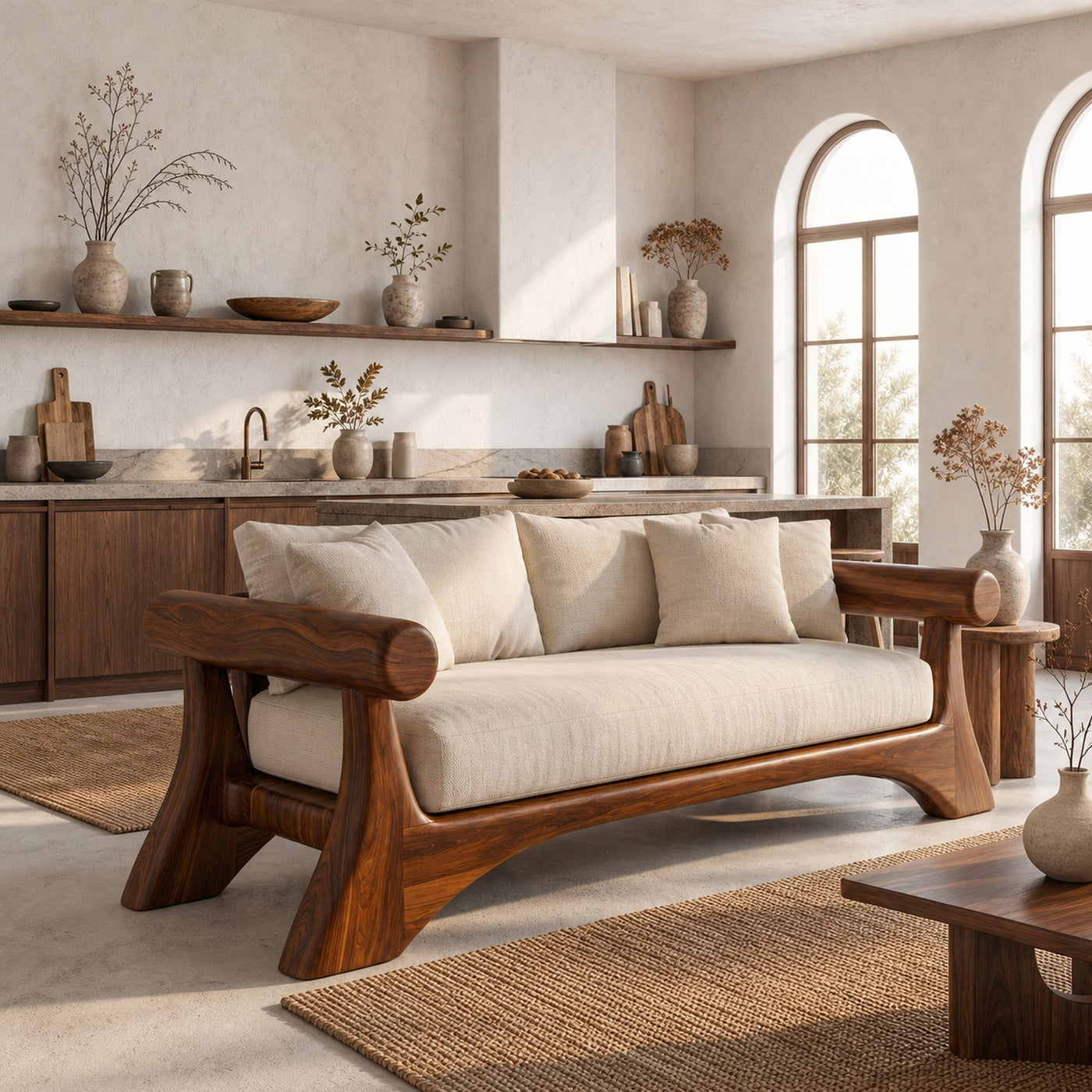 Minimalist Sofa Frame With Curved Solid Wood Arms For Living Room