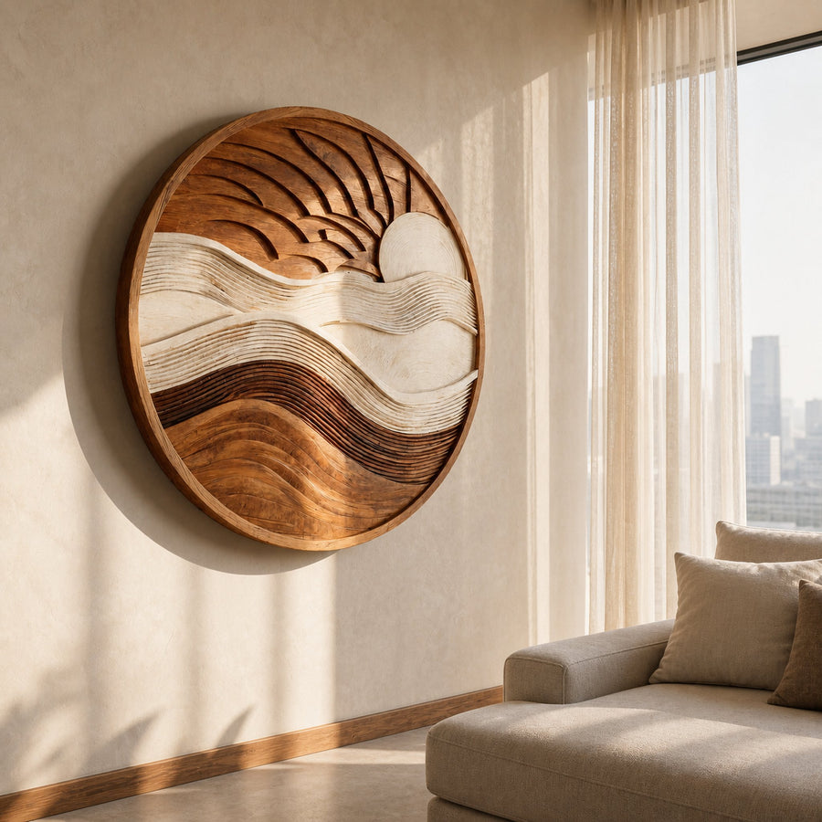Minimalist Sun And Wave Wooden Wall Sculpture For Living room