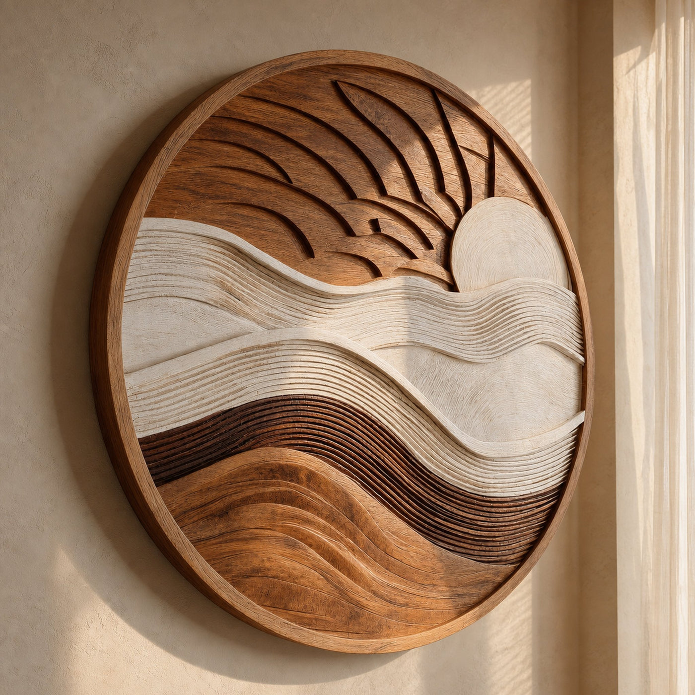Minimalist Sun And Wave Wooden Wall Sculpture For Living room - product view 6