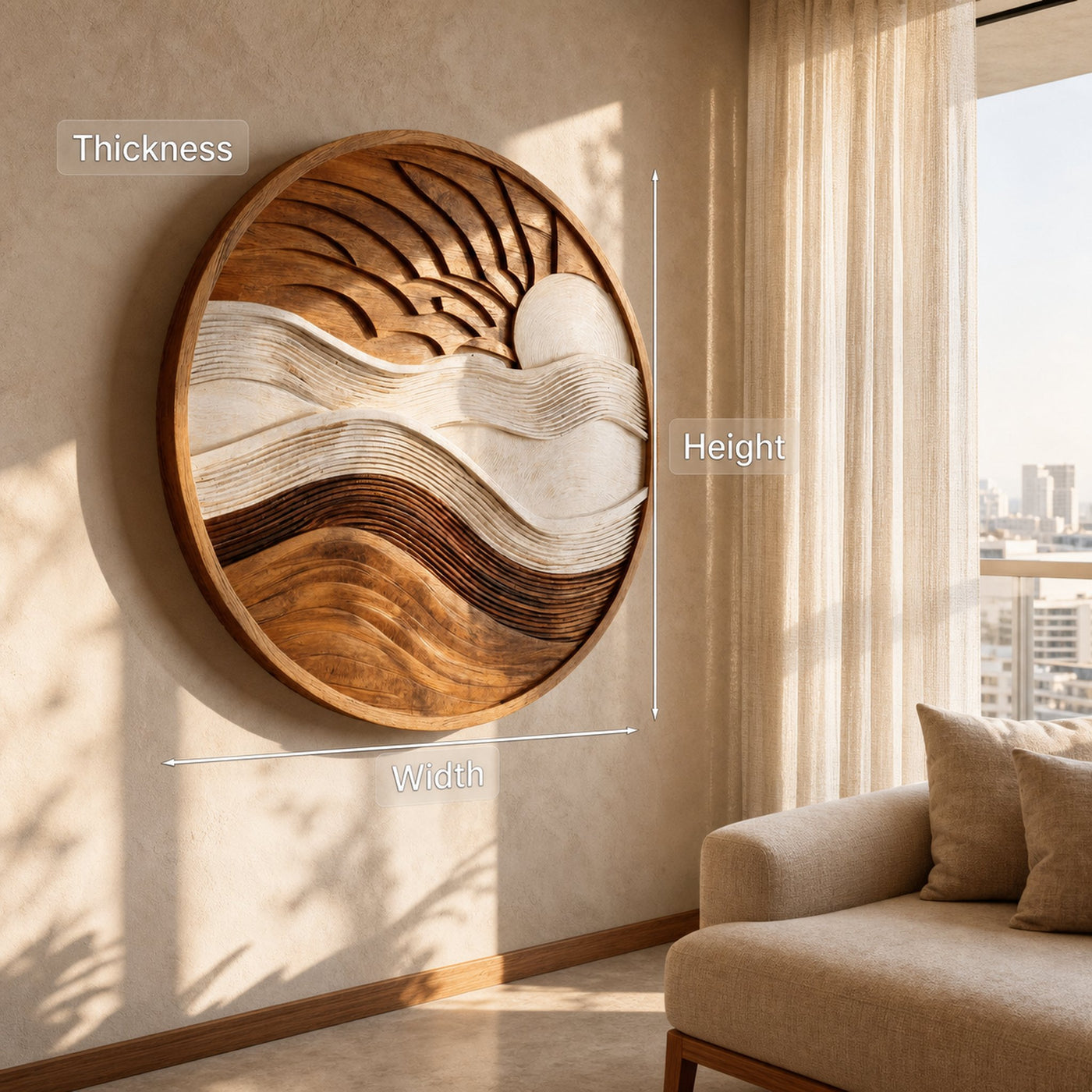 Minimalist Sun And Wave Wooden Wall Sculpture For Living room - product view 7