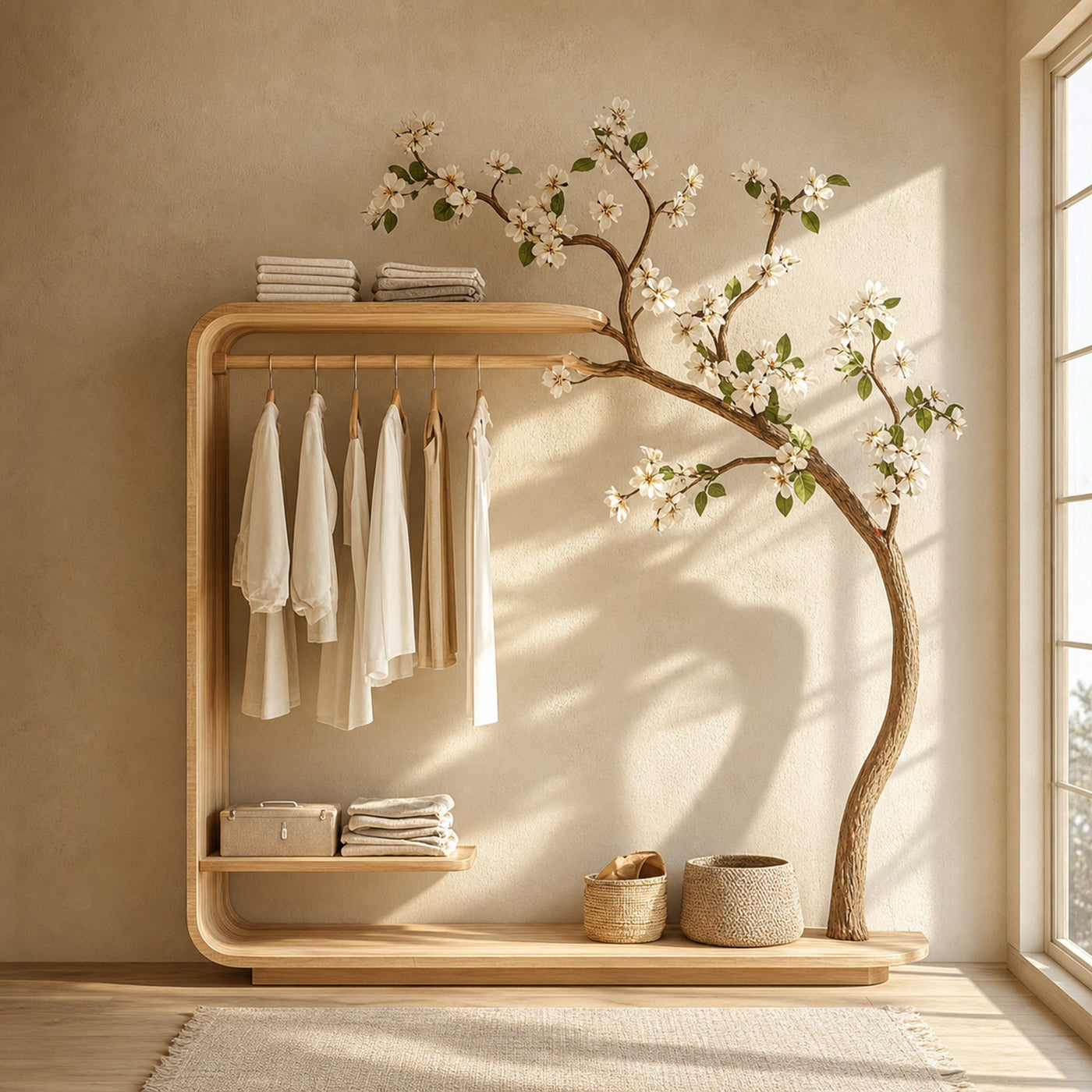 Minimalist Tree Wardrobe Handcrafted Solid Wood Bedroom Organizer