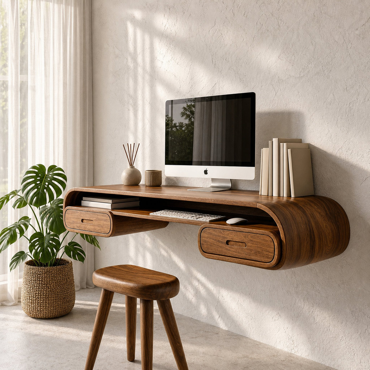 Minimalist Wall Mounted Desk With Built In Drawers For Home Office