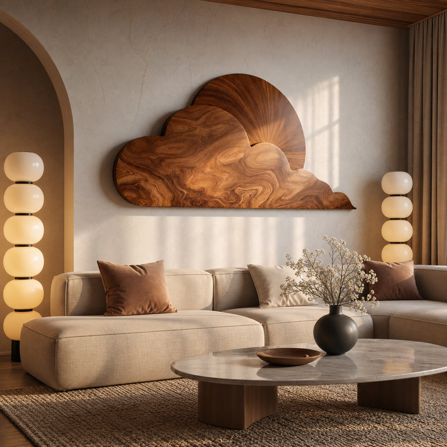 Minimalist Wooden Cloud And Sun Wall Art For Elegant Interior