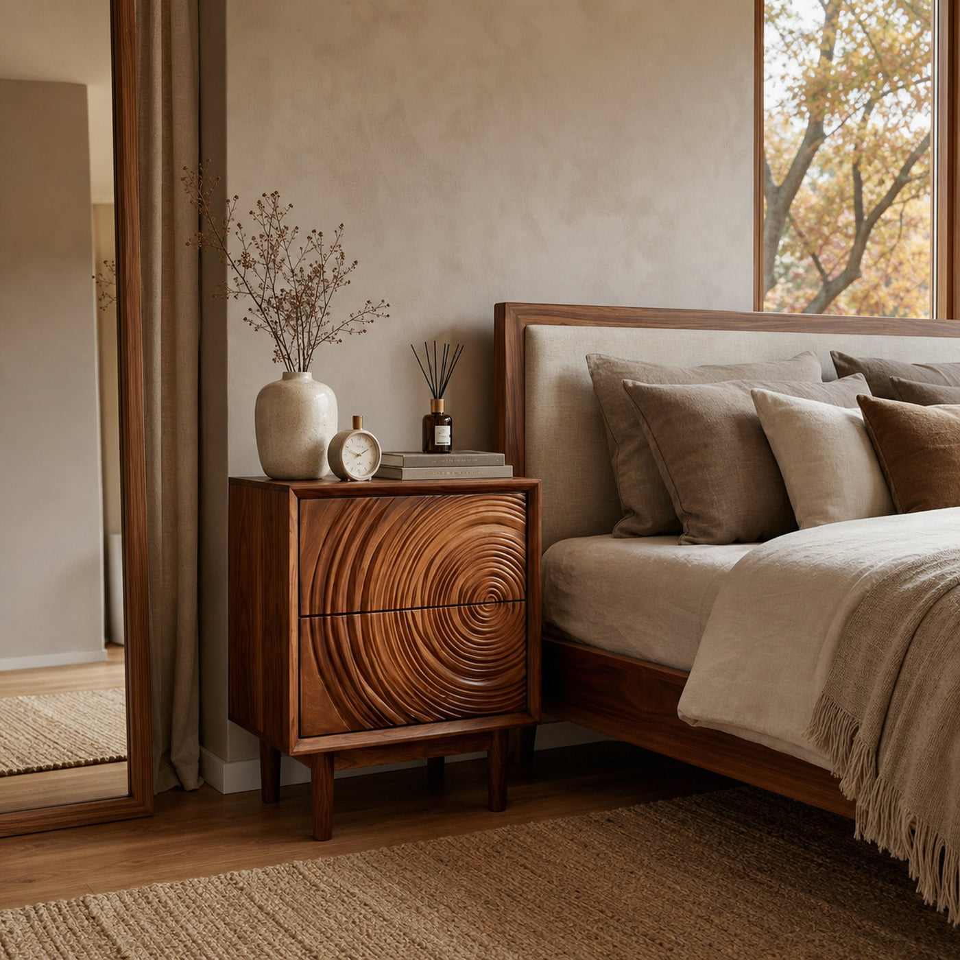 Minimalist Wooden Nightstand With Sculptural Door For Modern Bedroom