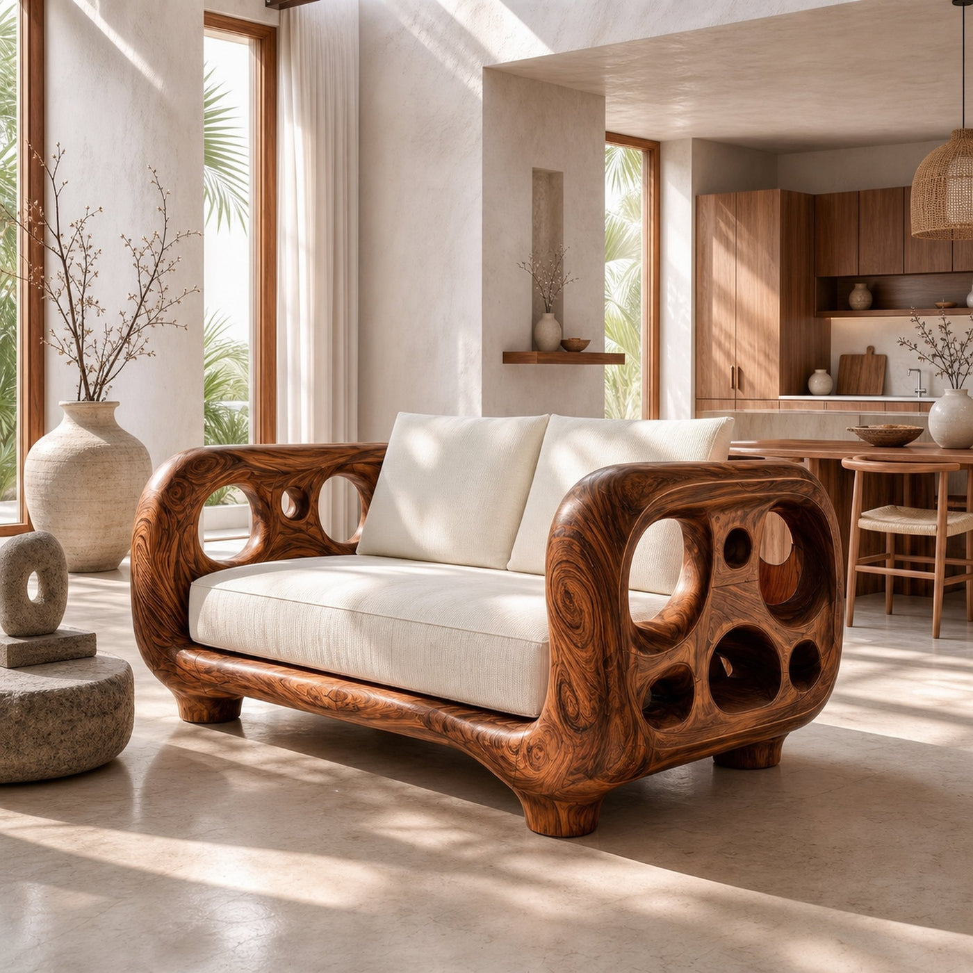 Modern Accent Sofa Frame With Rounded Wooden Arms For Living Room