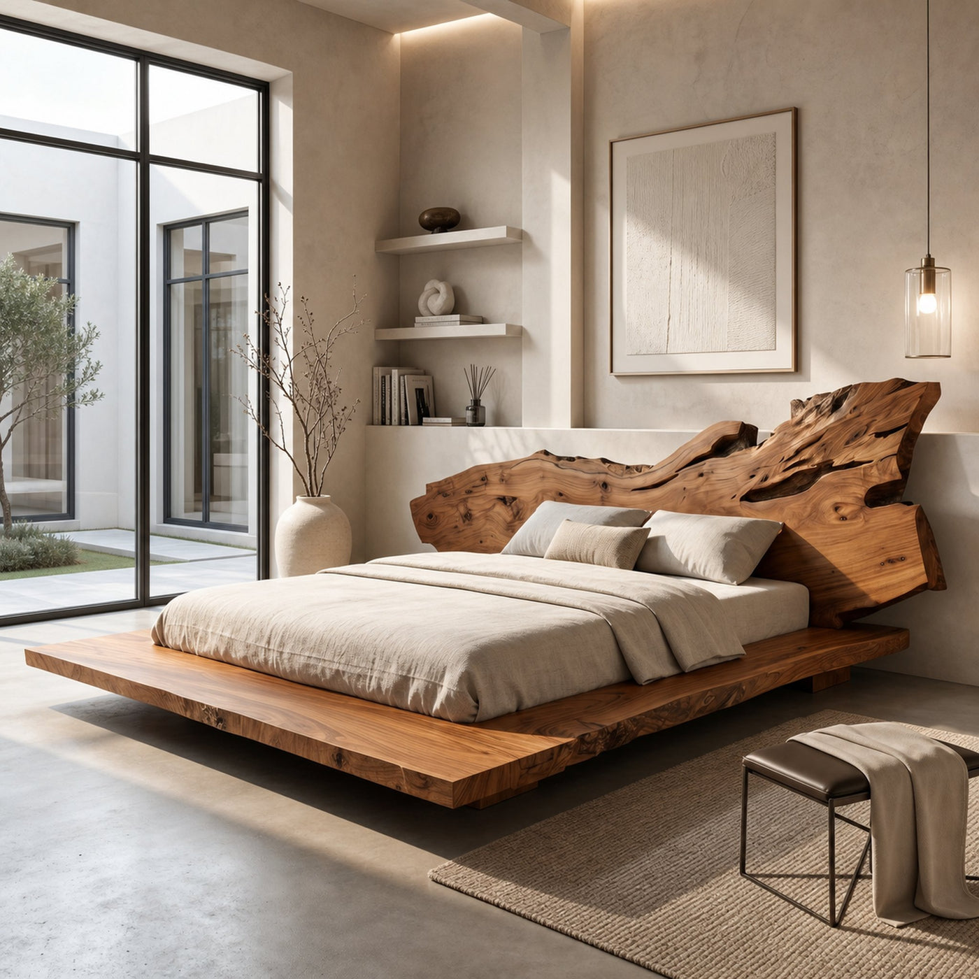 Modern Bed Frame With Live Edge Wood Headboard For Bedroom