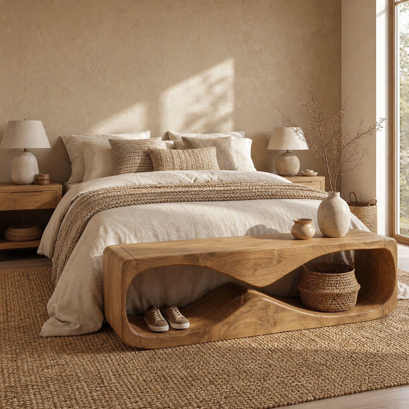 Modern Bench With Open Storage Shelf And Curved Wood Design For Entryway