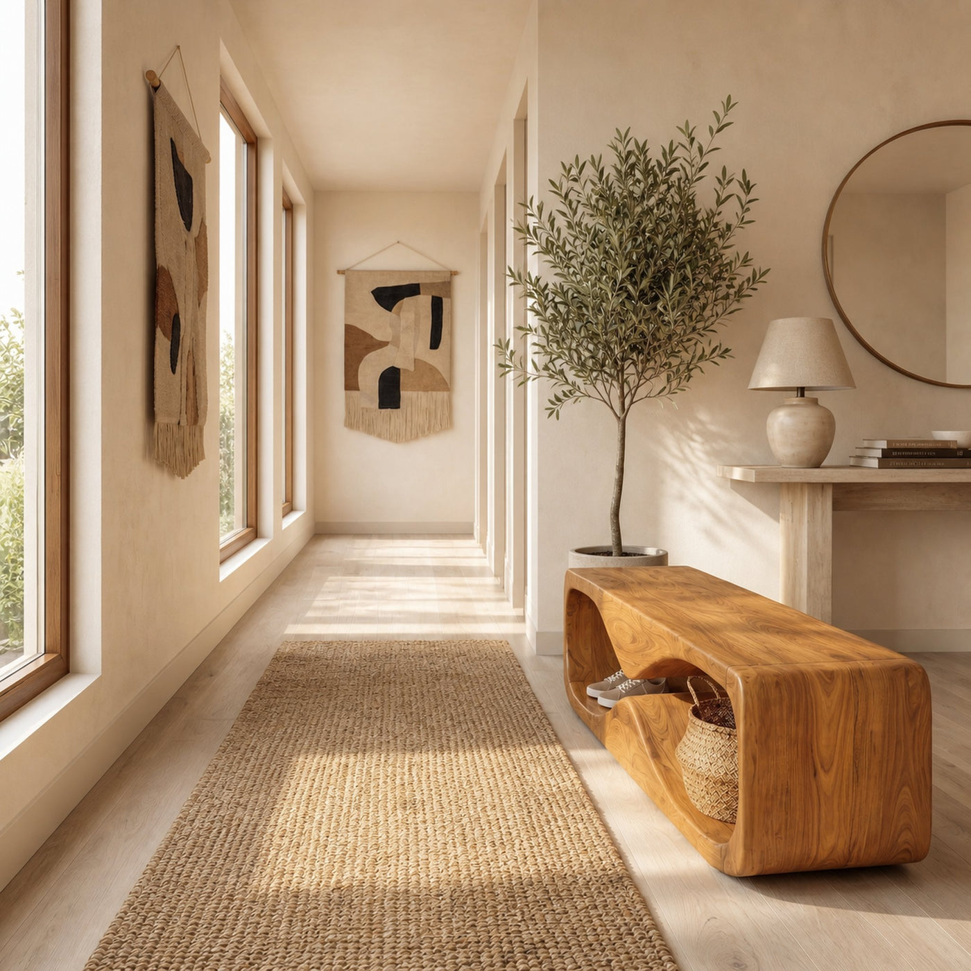 Modern Bench With Open Storage Shelf And Curved Wood Design For Entryway - product view 6