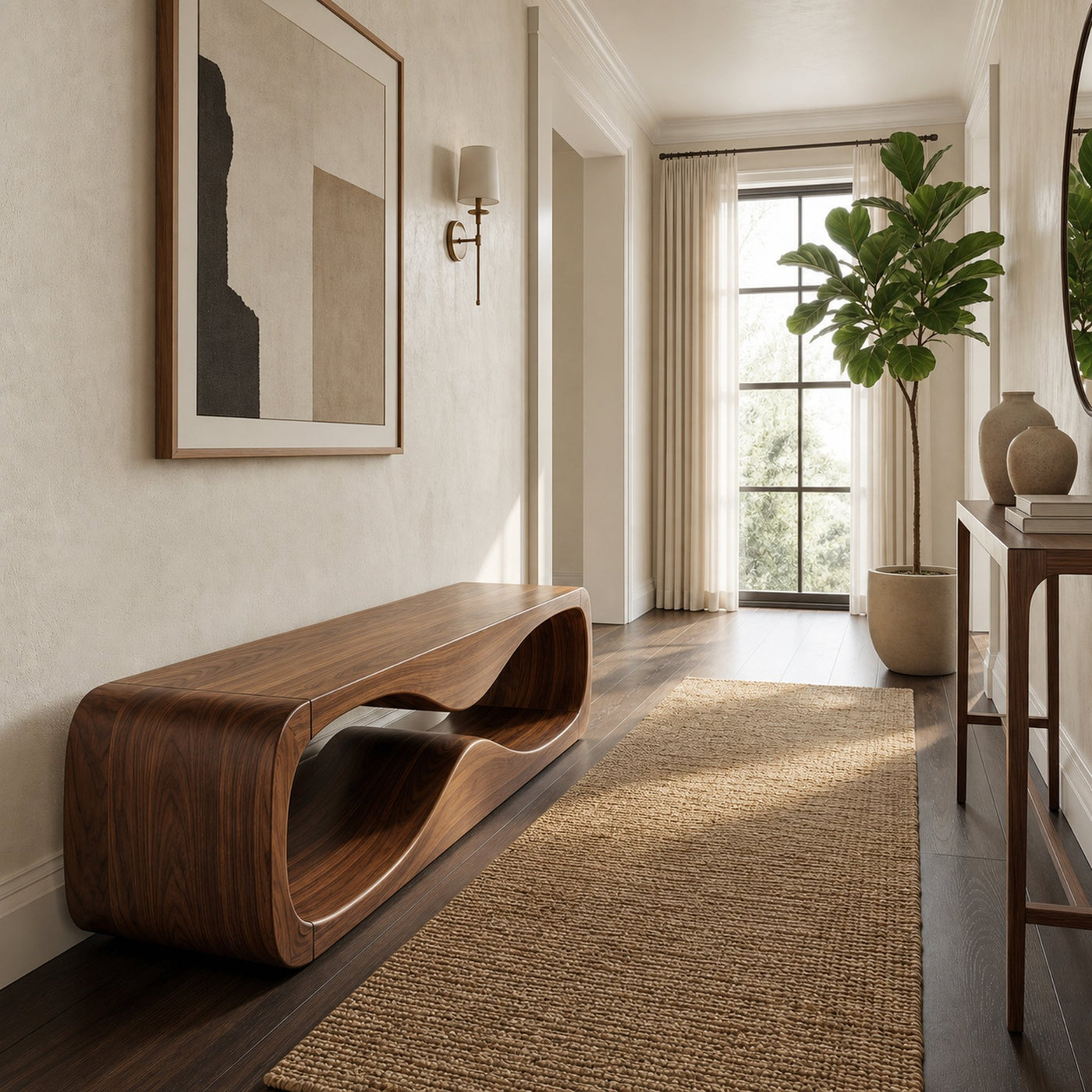 Modern Bench With Open Storage Shelf And Curved Wood Design For Entryway - product view 7