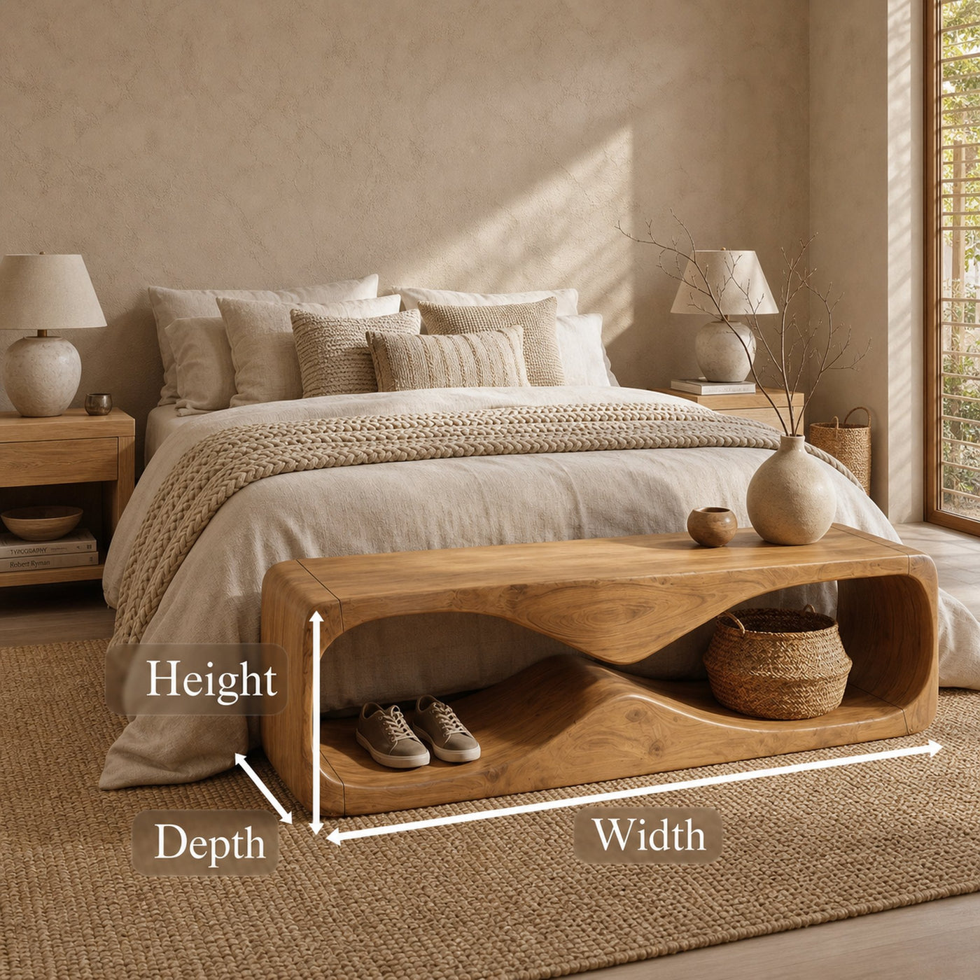 Modern Bench With Open Storage Shelf And Curved Wood Design For Entryway - product view 8