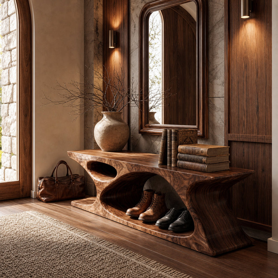 Modern Bench With Sculptural Open Base And Built In Shoe Storage For Entryway