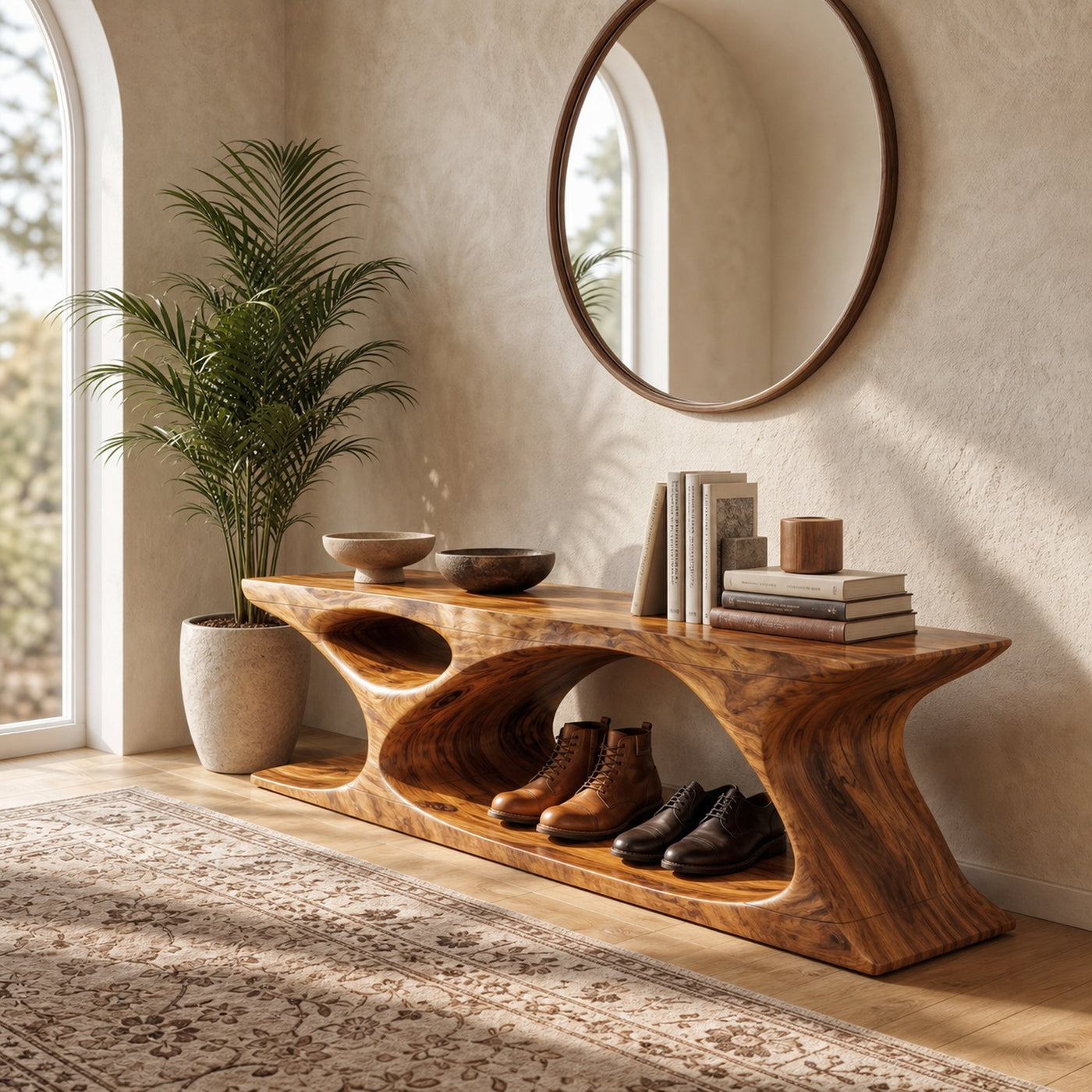 Modern Bench With Sculptural Open Base And Built In Shoe Storage For Entryway - product view 6