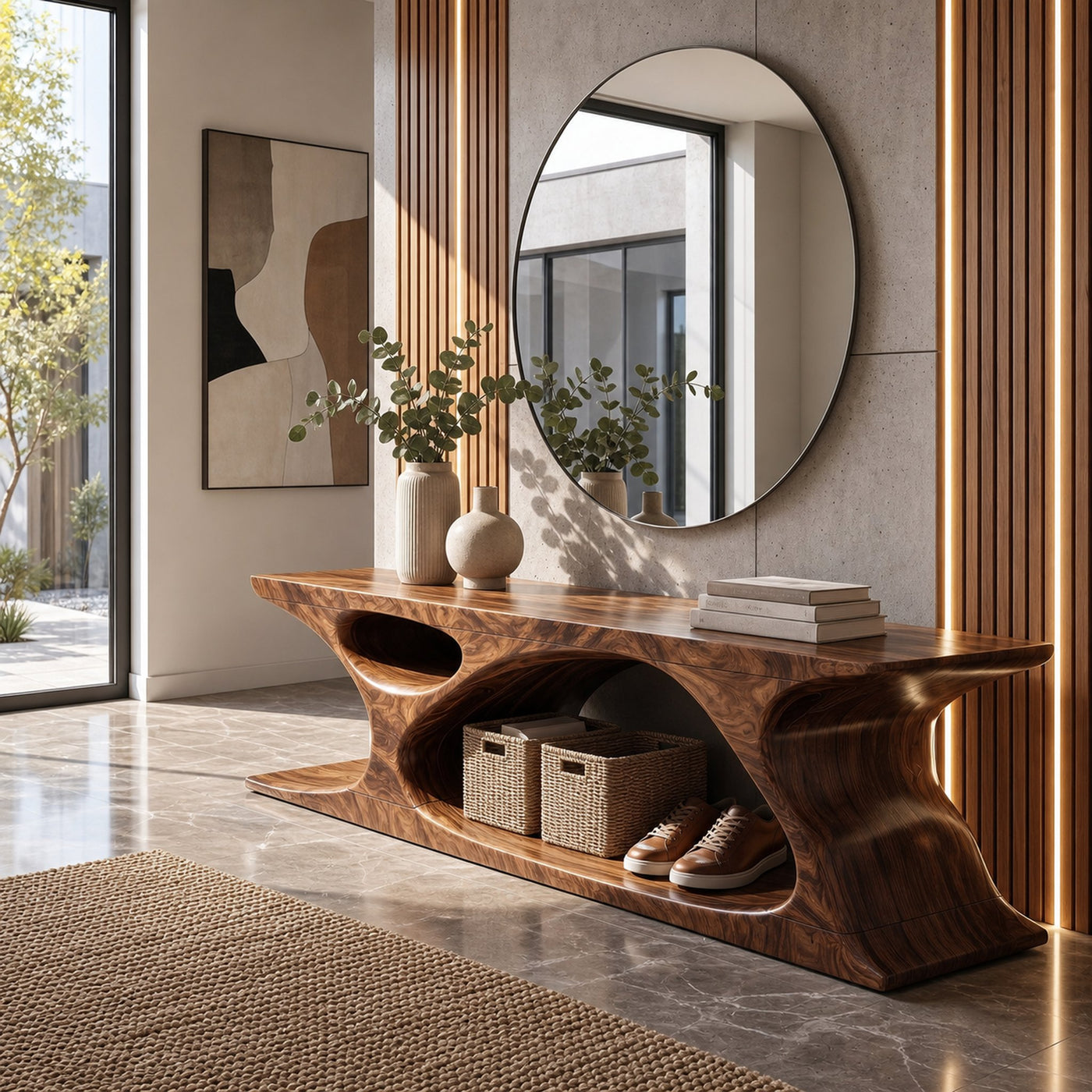 Modern Bench With Sculptural Open Base And Built In Shoe Storage For Entryway - product view 7