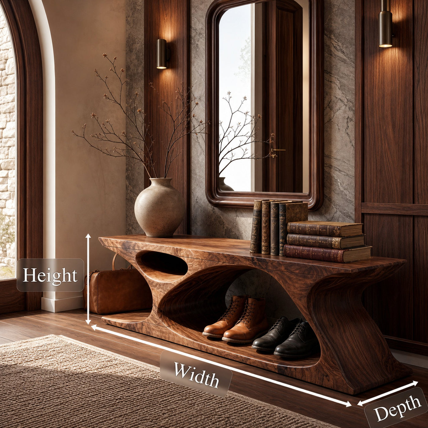 Modern Bench With Sculptural Open Base And Built In Shoe Storage For Entryway - product view 8