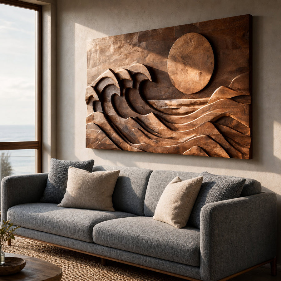 Modern Carved Wall Art Waves And Sun For Home Decor