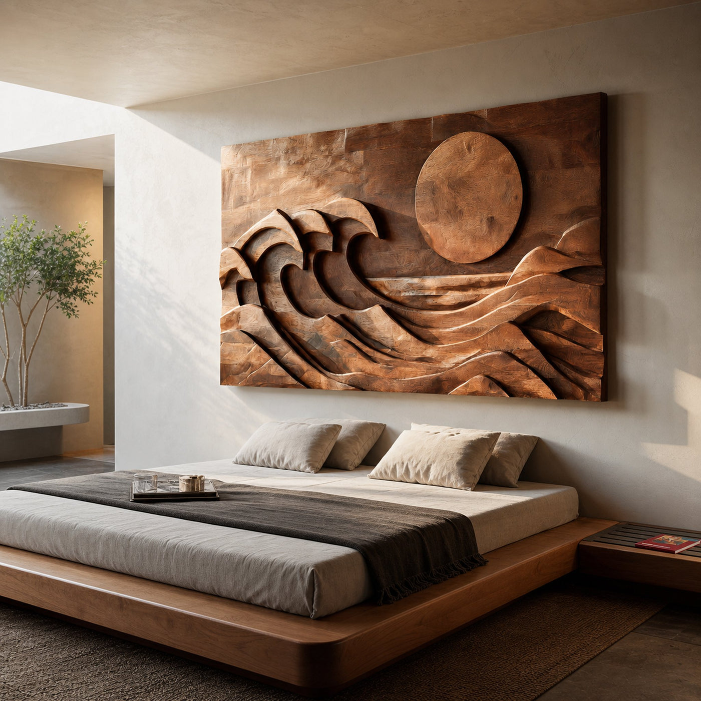 Modern Carved Wall Art Waves And Sun For Home Decor - product view 6