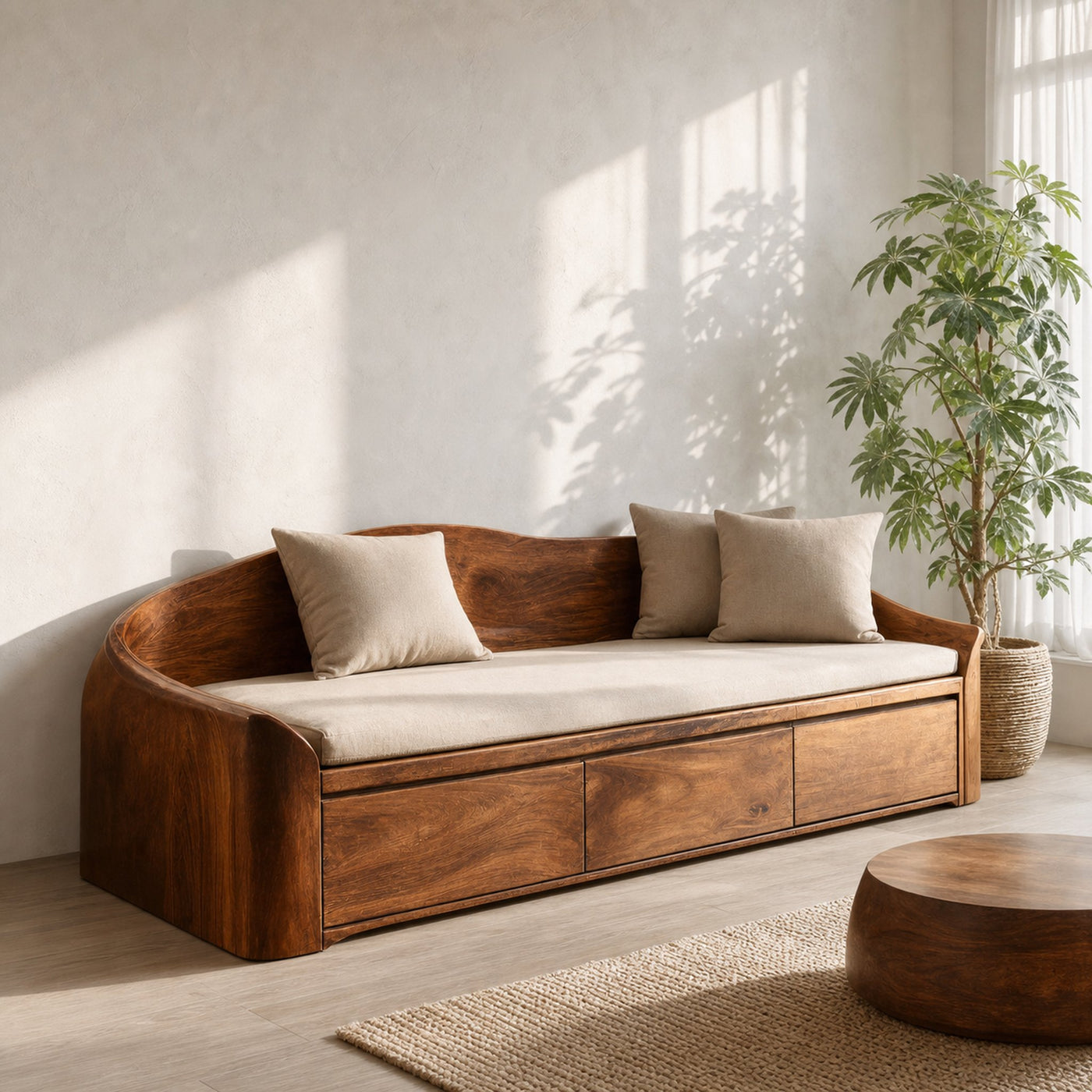 Modern Curved Back Sofa With Drawers For Living Room