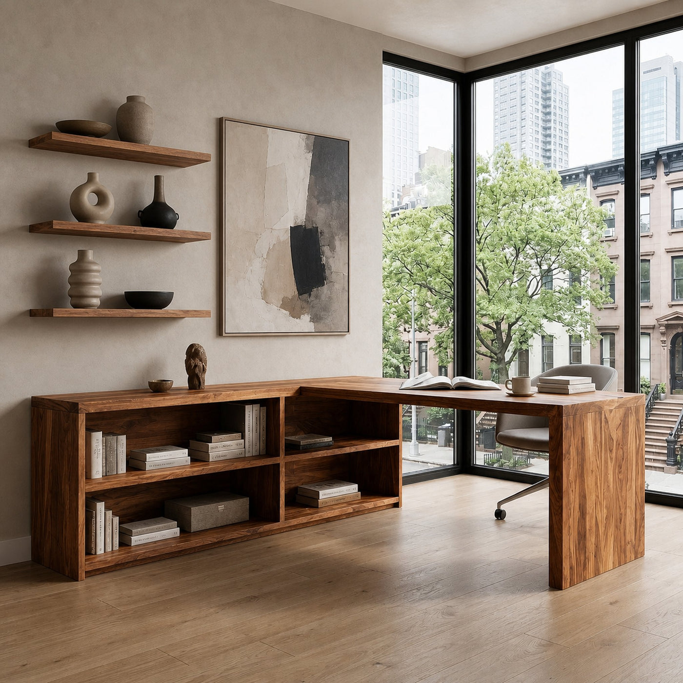 Modern Curved Natural Wood L Desk For Minimalist Office