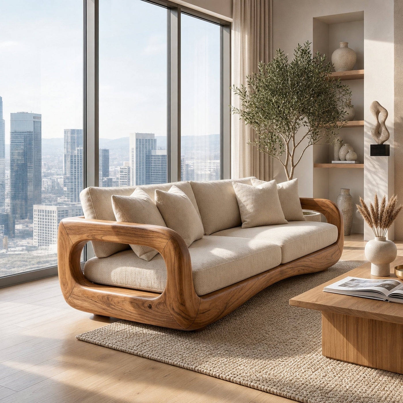 Modern Curved Wooden Sofa For Luxury Penthouse Interior Decor