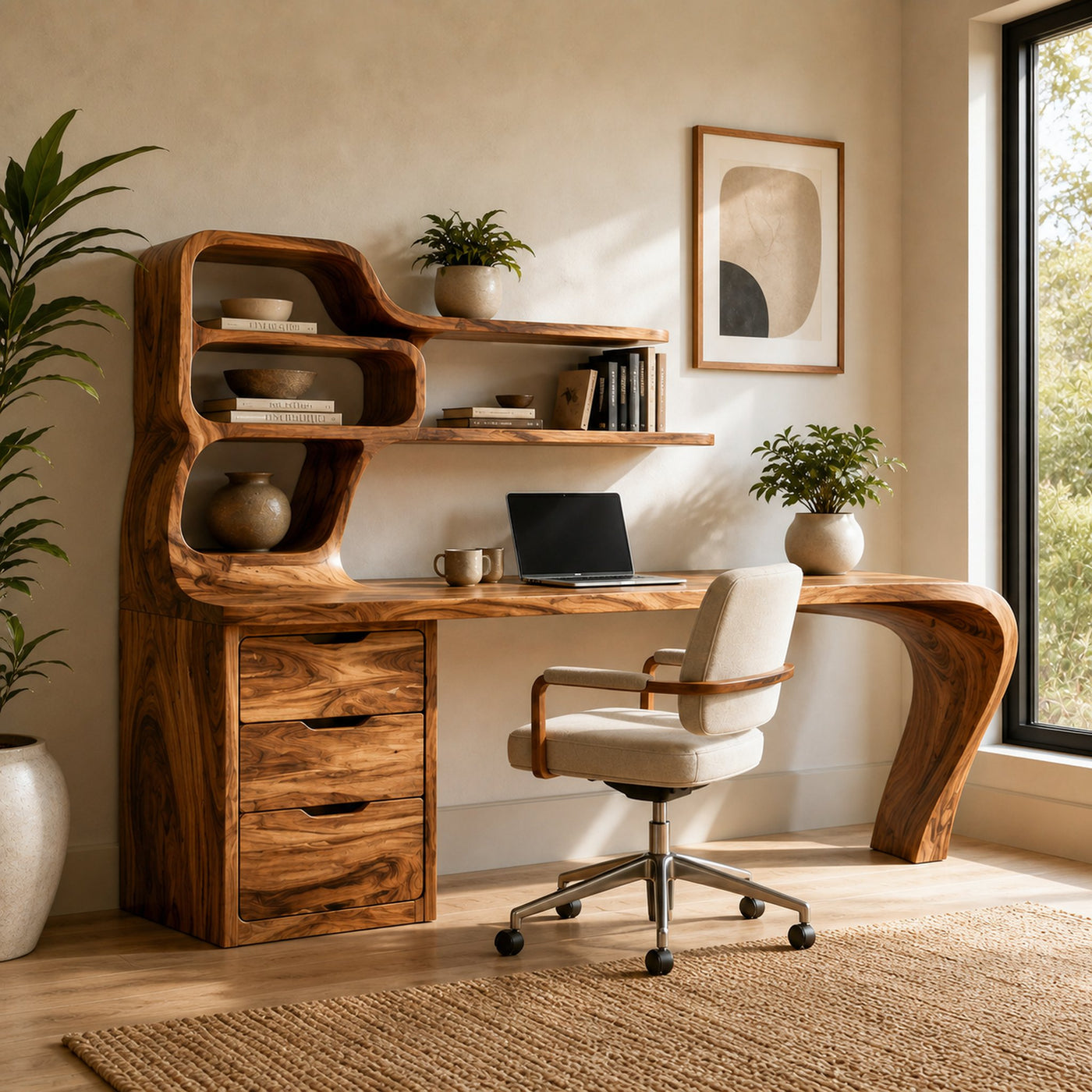 Modern Desk With Integrated Shelves And Drawers For Home Workspace