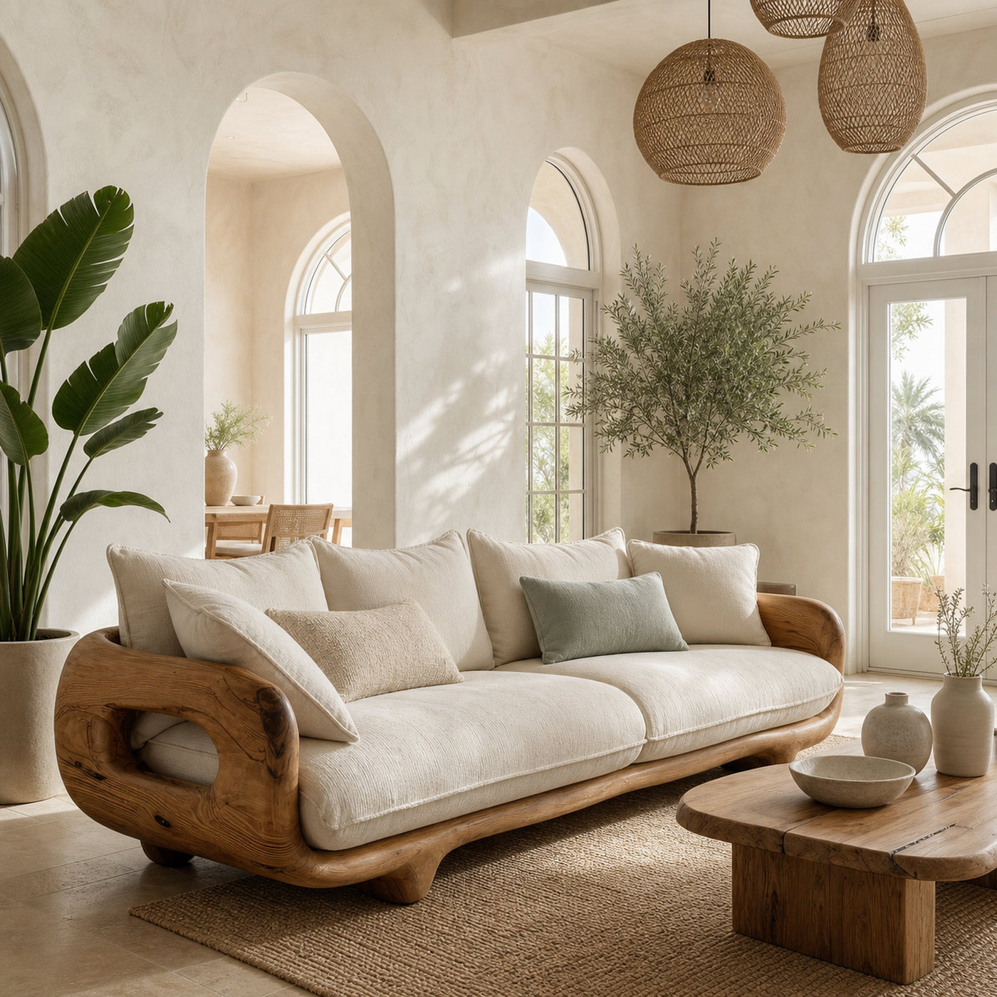 Modern Farmhouse Curved Sofa With Solid Frame For Living Room