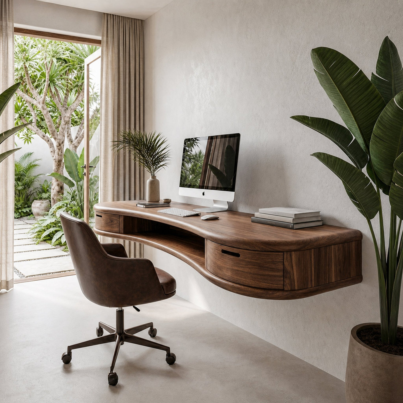 Modern Floating Desk With Built In Drawer Storage And Curved Wood Design For Home Office And Workspace