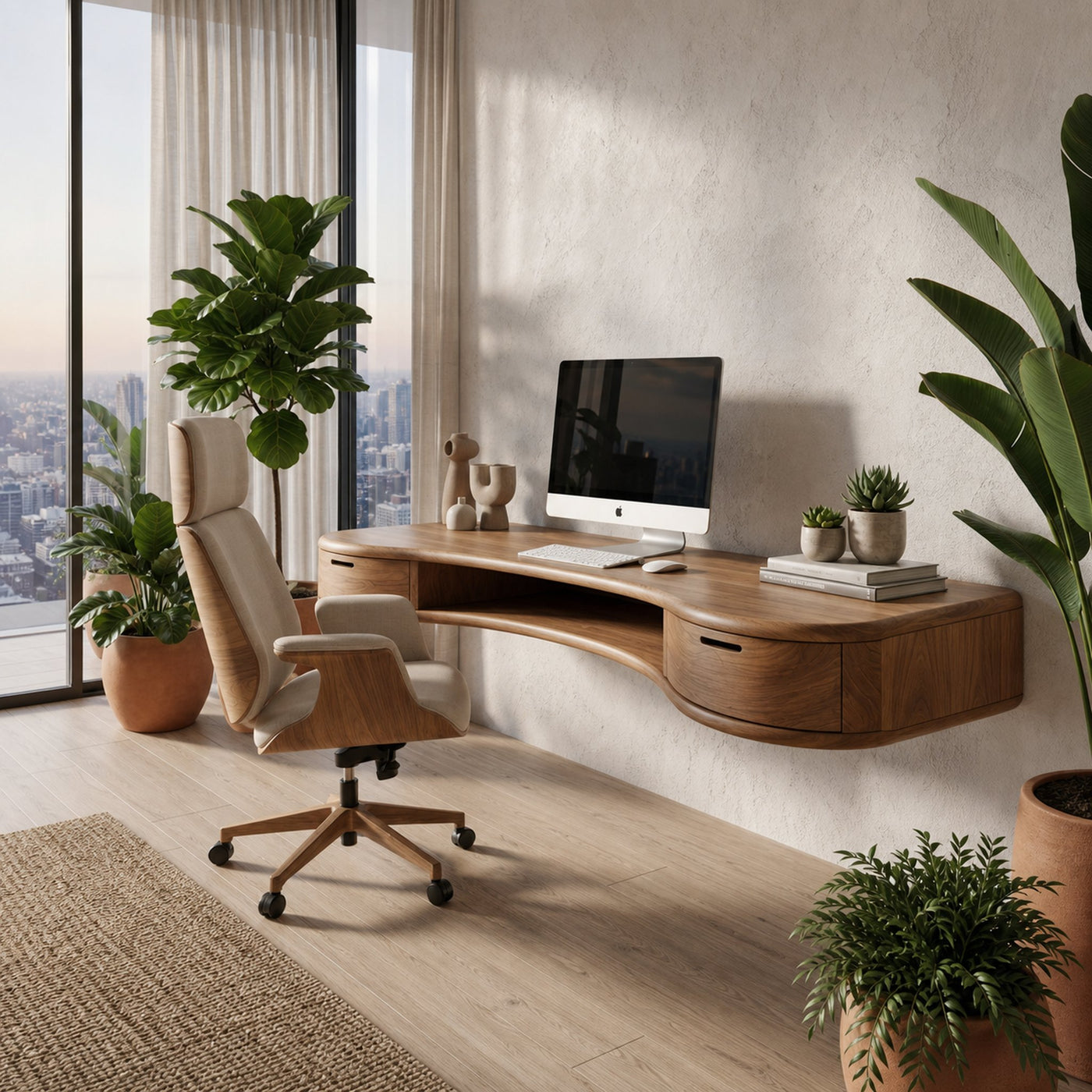 Modern Floating Desk With Built In Drawer Storage And Curved Wood Design For Home Office And Workspace - product view 6