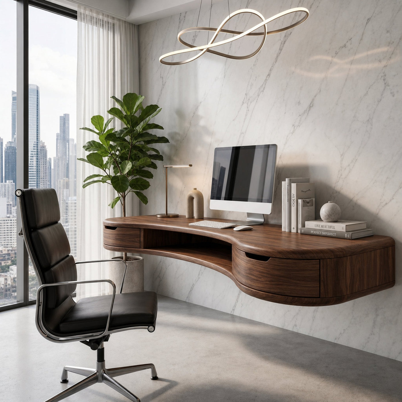 Modern Floating Desk With Built In Drawer Storage And Curved Wood Design For Home Office And Workspace - product view 7