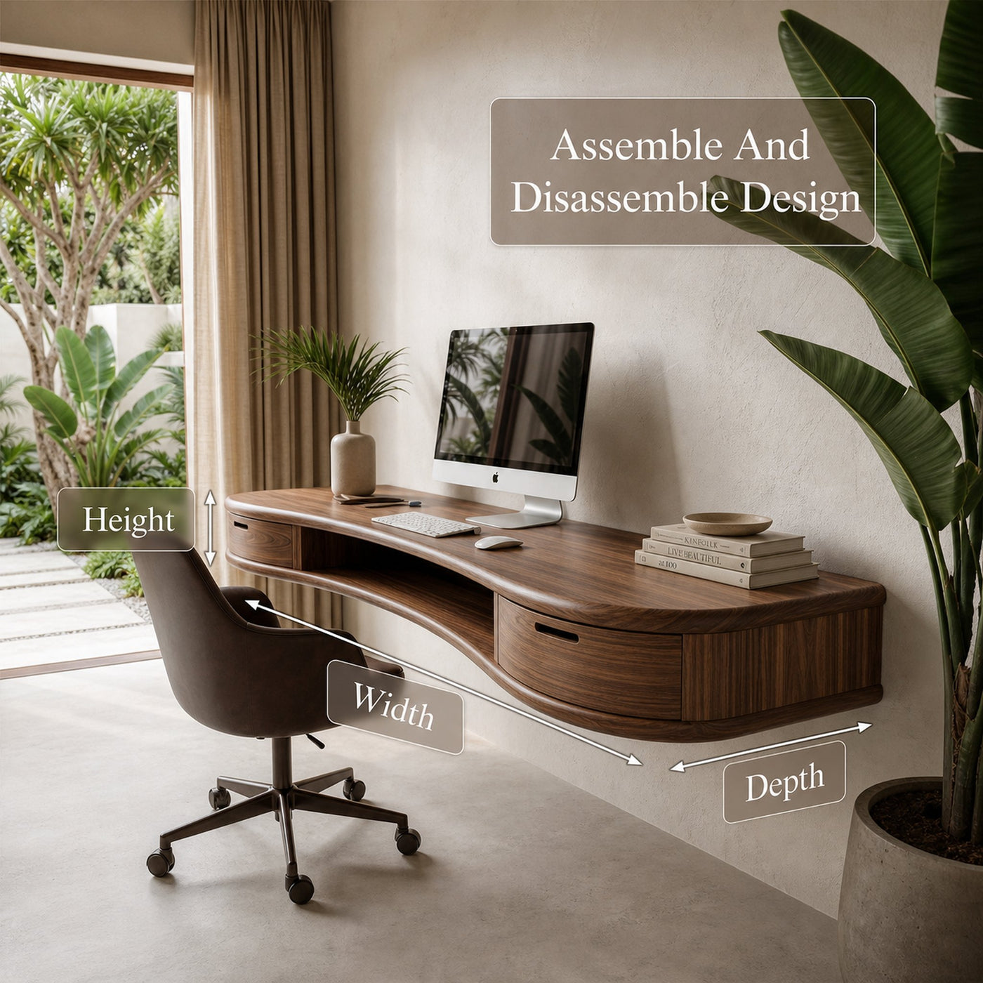 Modern Floating Desk With Built In Drawer Storage And Curved Wood Design For Home Office And Workspace - product view 8