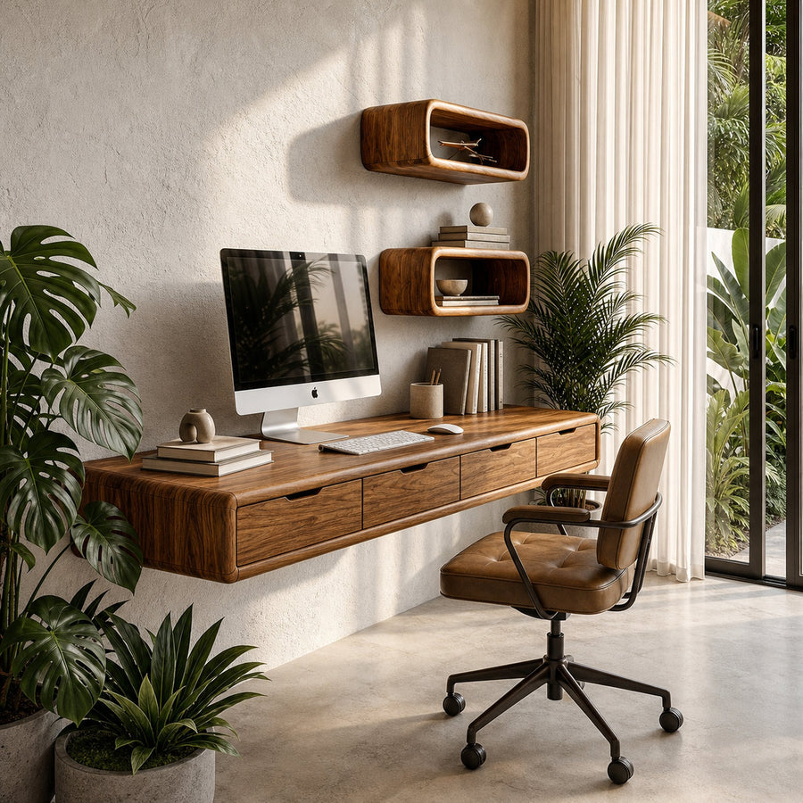 Modern Floating Desk With Built In Drawer Storage And Wall Mounted Shelves For Home Office And Workspace