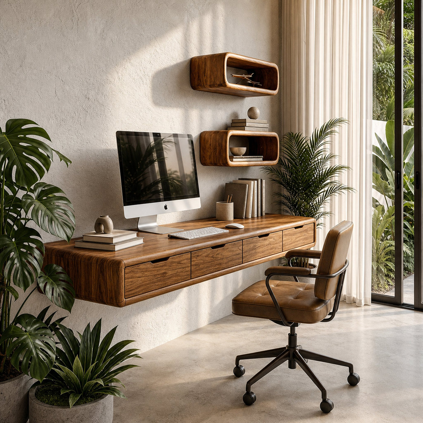 Modern Floating Desk With Built In Drawer Storage And Wall Mounted Shelves For Home Office And Workspace