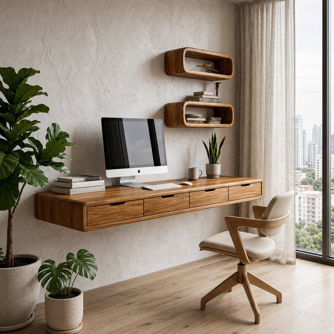 Modern Floating Desk With Built In Drawer Storage And Wall Mounted Shelves For Home Office And Workspace - product view 6