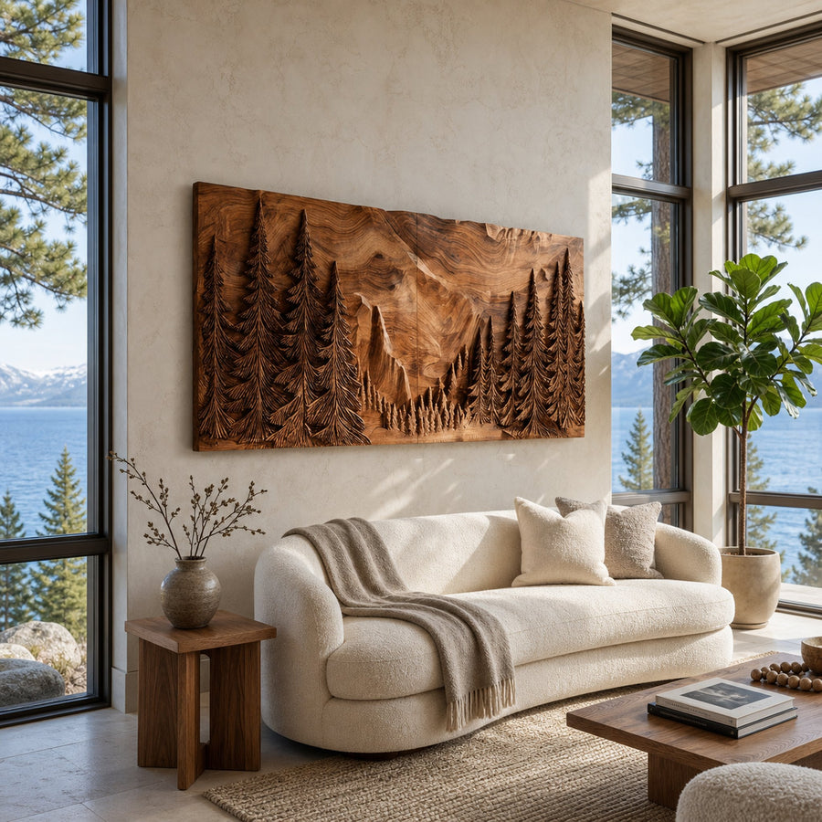 Modern Forest Mountain Wood Wall Art For Living Room