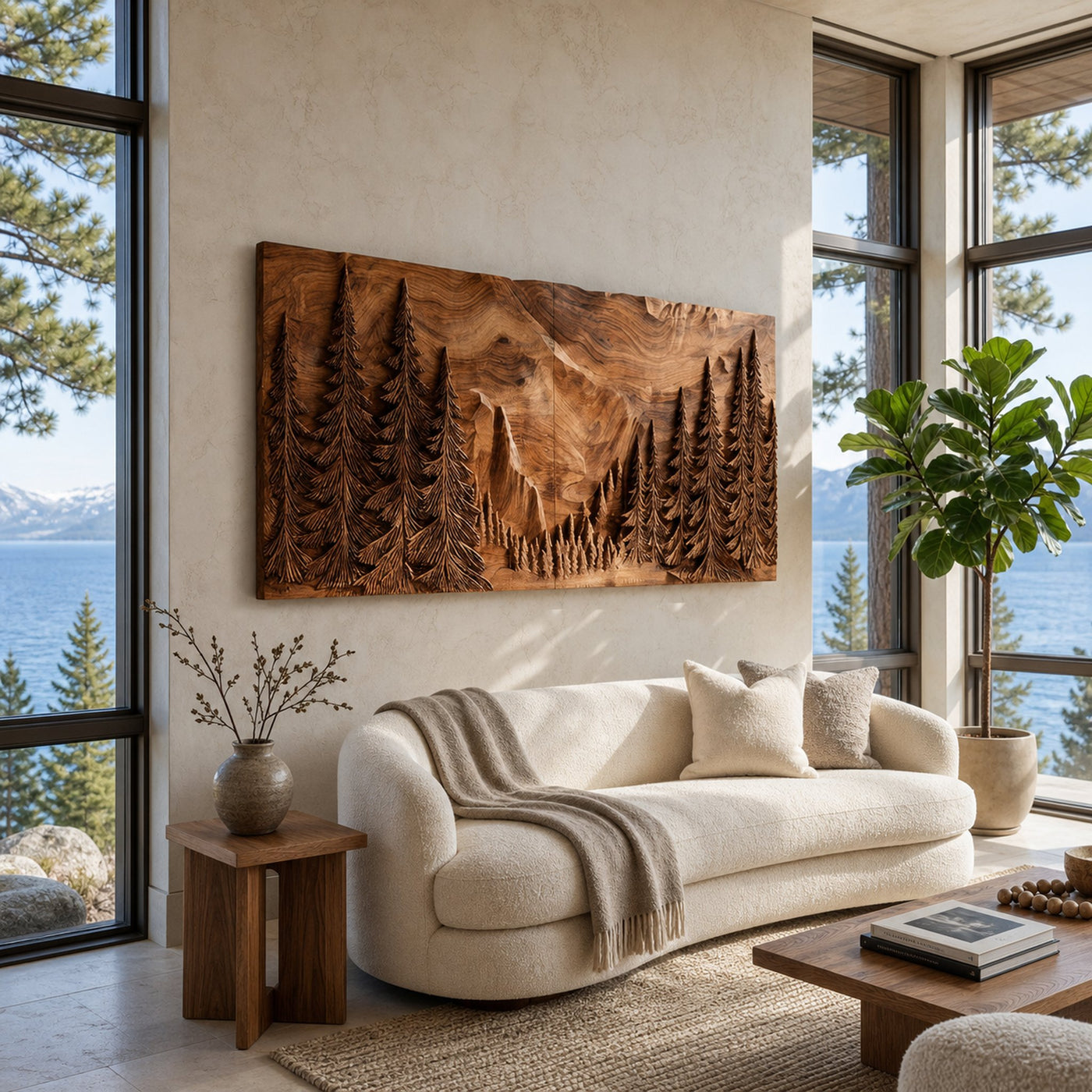 Modern Forest Mountain Wood Wall Art For Living Room