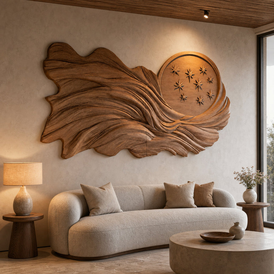 Modern Handcrafted Carved Panel Sculpture For Living Room