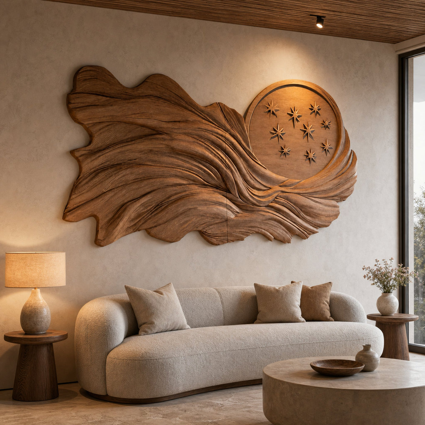 Modern Handcrafted Carved Panel Sculpture For Living Room