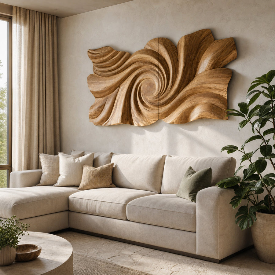 Modern Handcrafted Swirl Carved Sculpture Panel For Living Room