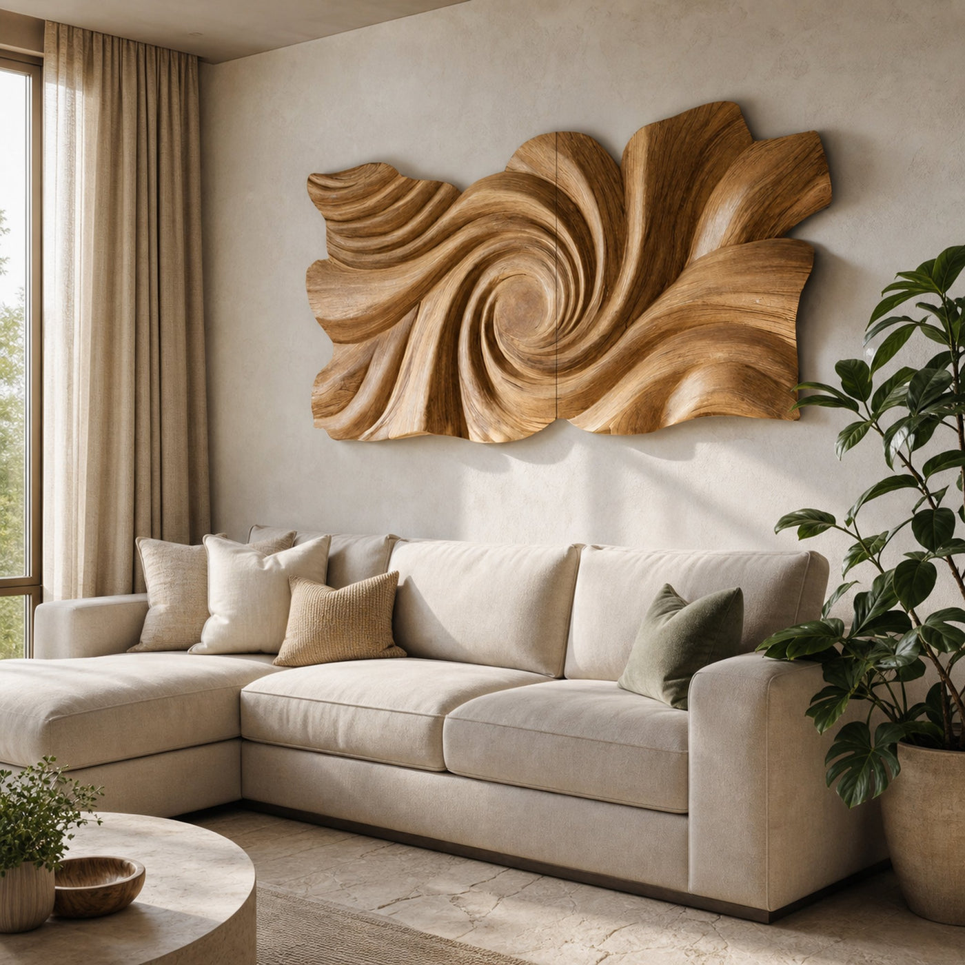 Modern Handcrafted Swirl Carved Sculpture Panel For Living Room
