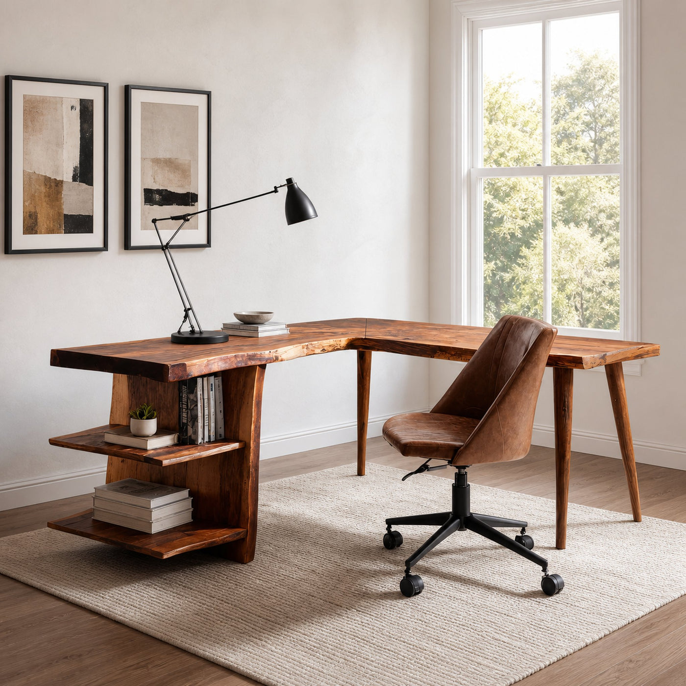 Modern L-Shaped Desk With Built-in Shelves For Workspace