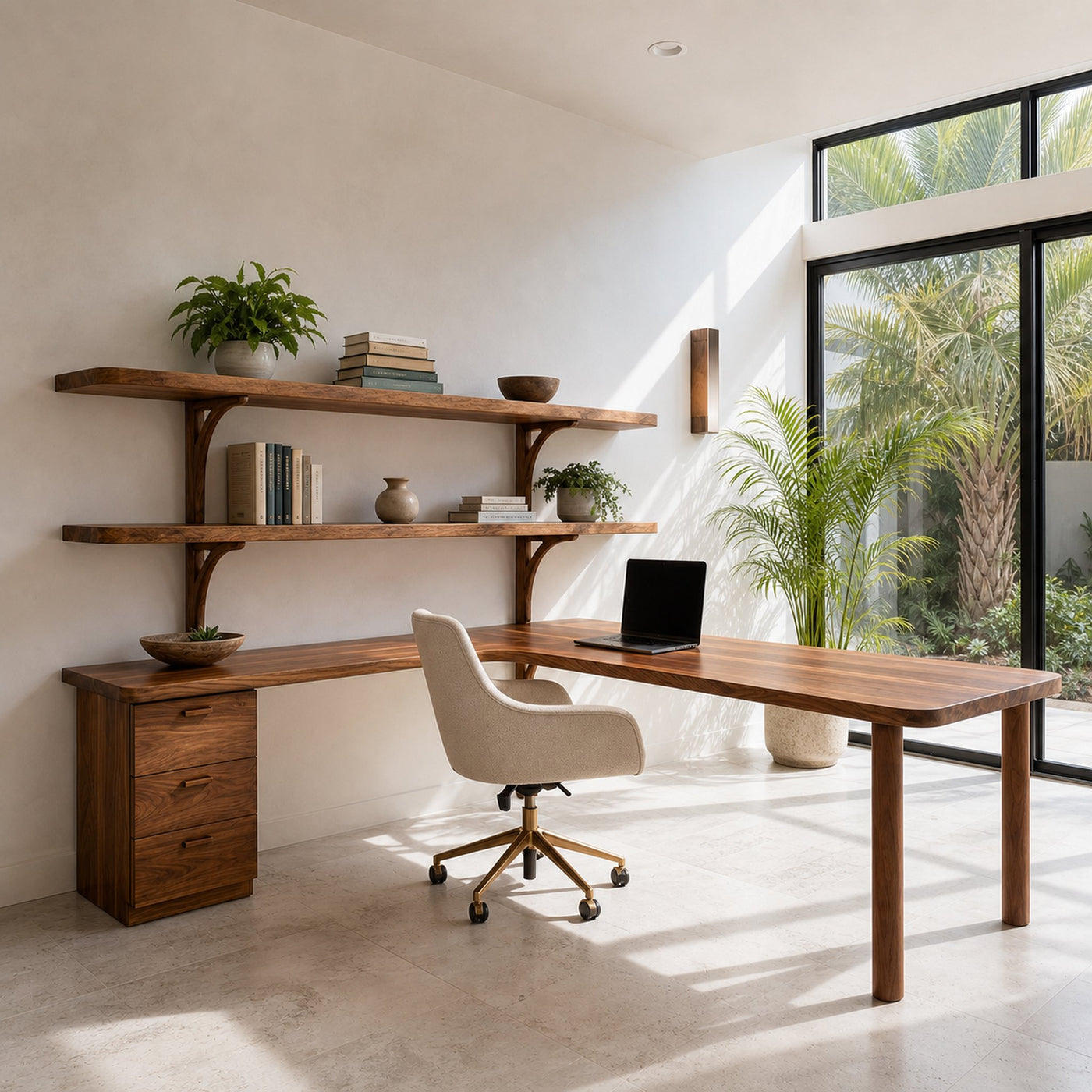 Modern L-Shaped Desk With Open Bookshelves For Home Study