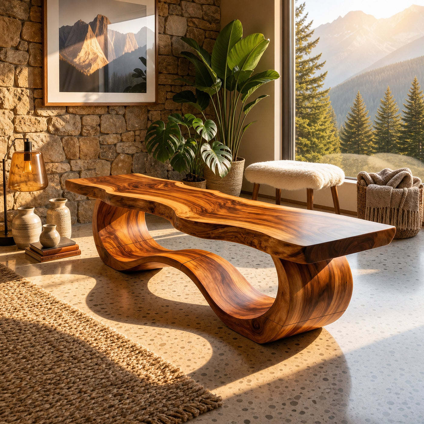 Modern Live Edge Wave Bench For Patio Interior Area