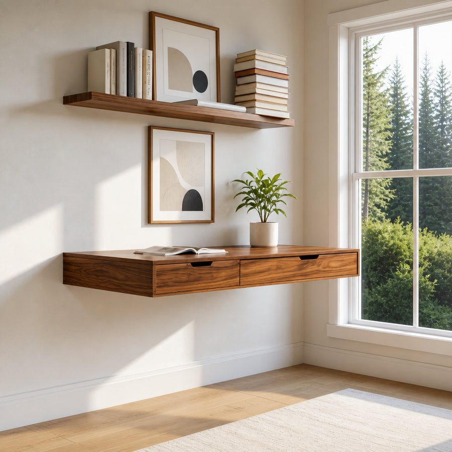 Modern Minimal Floating Desk With Drawers For Home Office