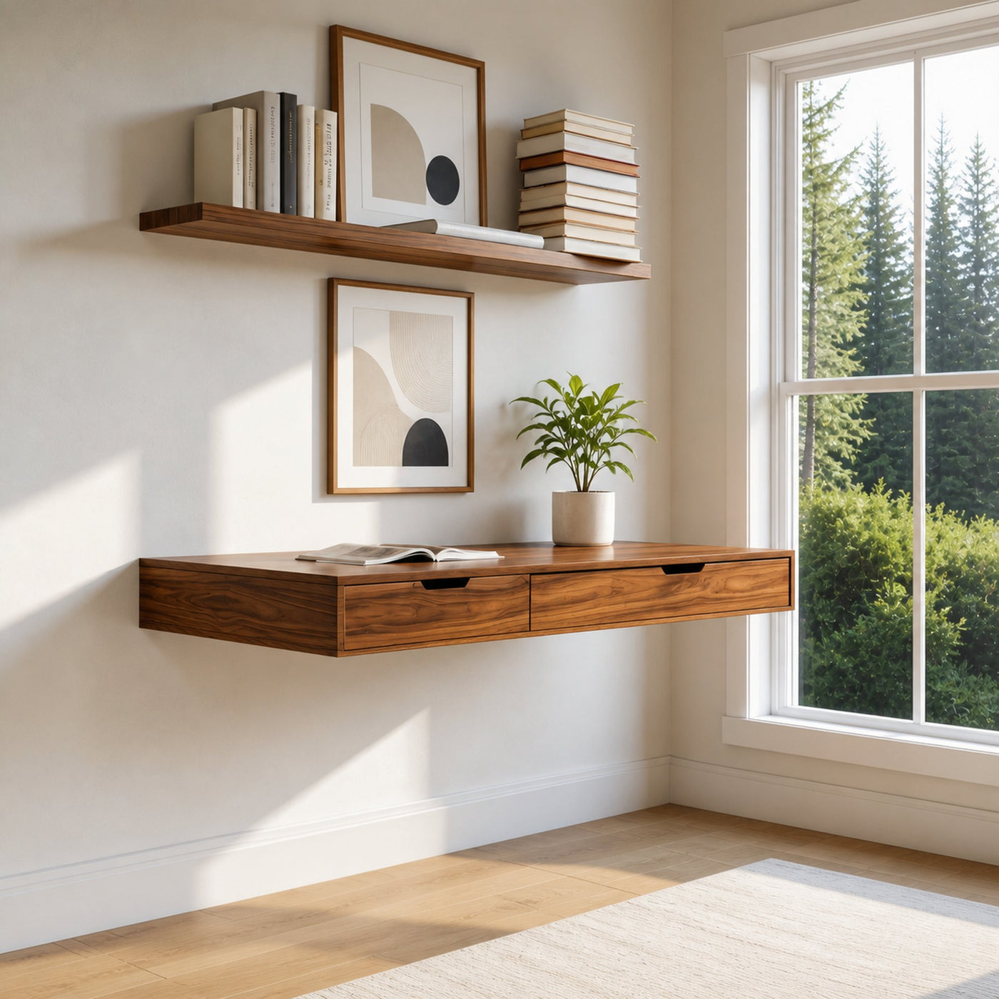 Modern Minimal Floating Desk With Drawers For Home Office
