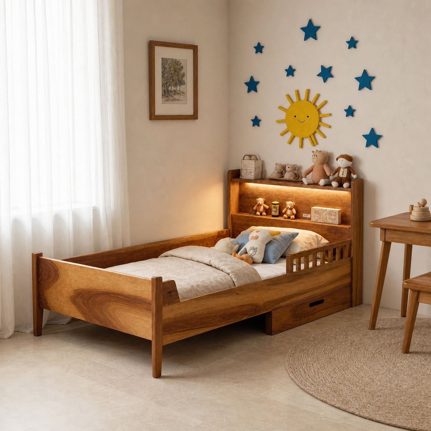 Modern Montessori Style Toddler Bed With Bookshelf Storage
