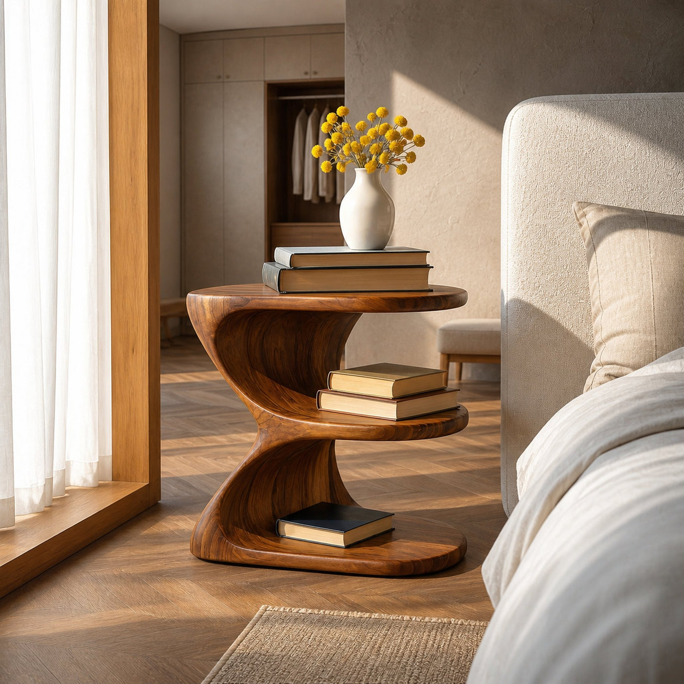 Modern Natural Wood Nightstand With E Shape For Bedroom