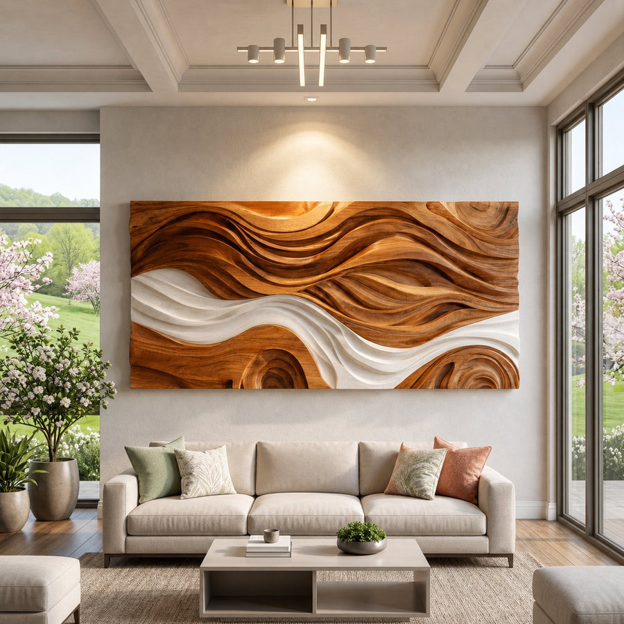 Modern Natural Wood Wall Art Wave Design For Living Room